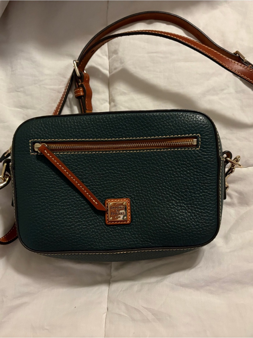 Dooney & Bourke Forest Green Pebbled Leather Crossbody with Tan Trim
